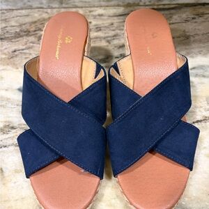 Tommy Bahama Dark Blue Cross Strap Mules